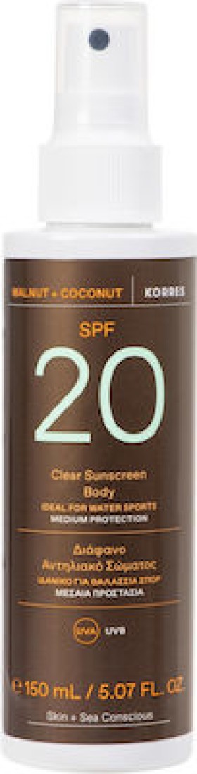 Korres Διάφανο Αντηλιακό Σώματος Walnut & Coconut SPF20, 150ML